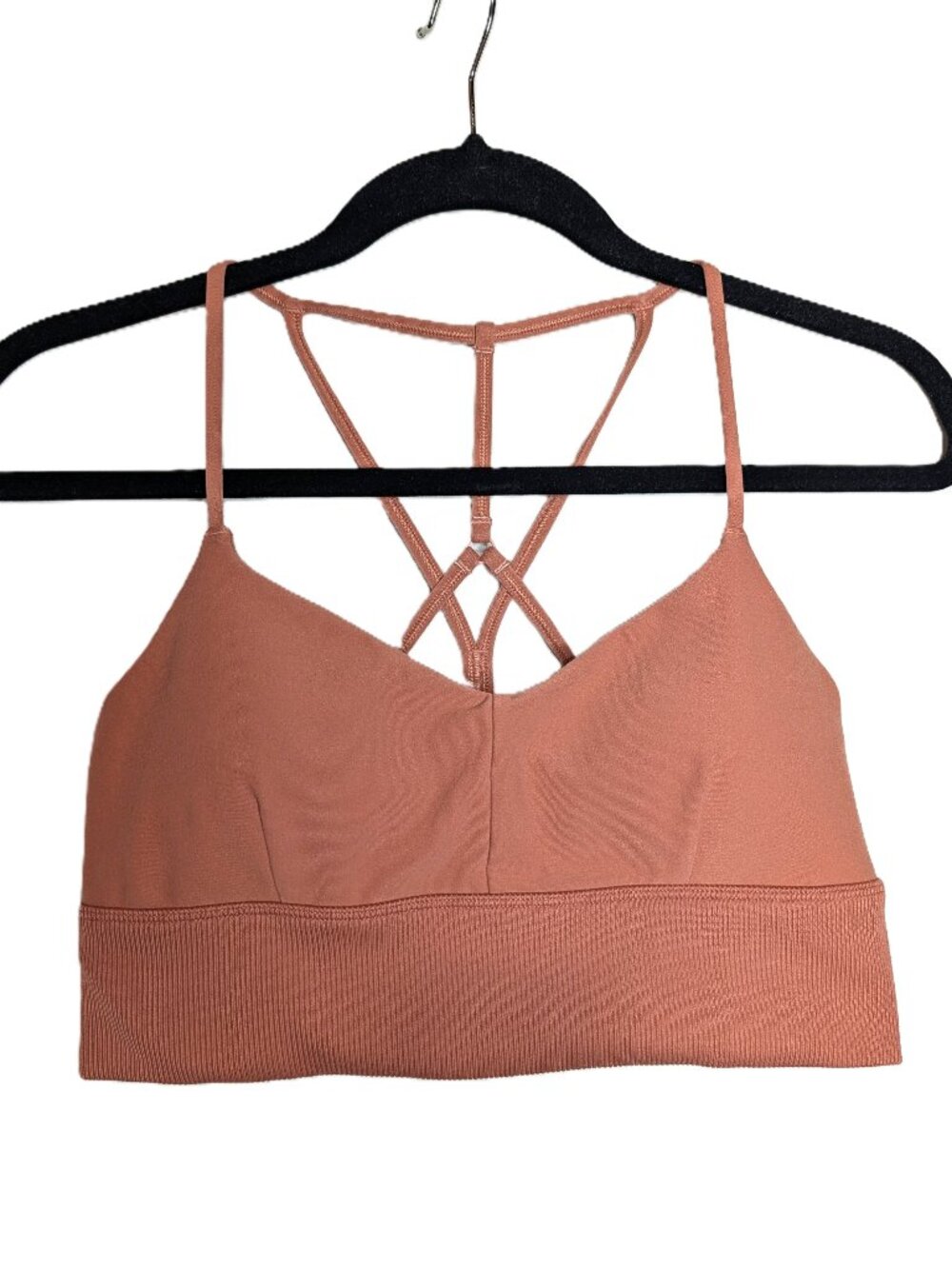 ALO Yoga Lavish Sports Bra Terracotta Pink Strappy Back Ribbed Band  Large L